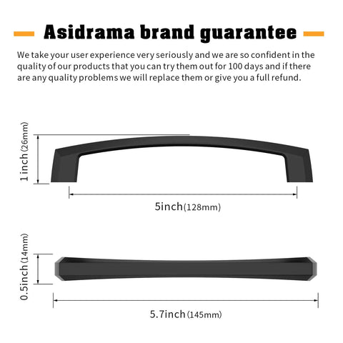 Kickass Five Inch Matte Black Kitchen Cabinet Handles Ten Pack showing dimensions of 5 inch and 5.7 inch for modern home use.