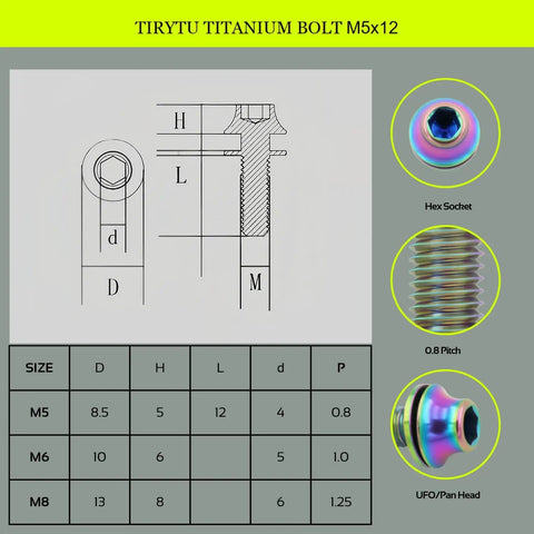Technical diagram and specification for 4 Pack Titanium M5x12mm Bolts For Bicycle Water Bottle Cage Fasteners Rock Solid Lightweight