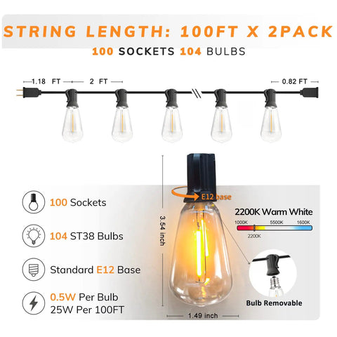 Diagram of 200Ft Outdoor String Lights Two Pack Vintage Edison LED Bulbs Shatterproof ST38 HalfWatt Dimmable Warm 2200K