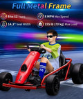 Kid riding a red 12V Kid Friendly Go-Kart With Dual 300W Brushless Motors, Drift-Ready Electric Kart That Hits 8 MPH on a track