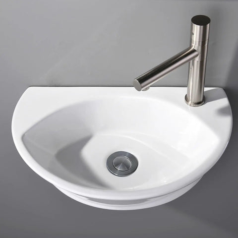Small Wall Mount Porcelain Sink For Tiny Bathrooms And RVs, 16 Inch Long Corner Floating Basin, Space Saving Vanity Sink For Half Bath Powder Room, Easy Install, White Ceramic