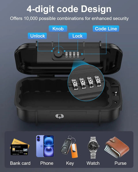 Portable Safe Box With 4 Digit Resettable Combination Lock For Travel On The Go Anti Theft Small Safe opened with icons