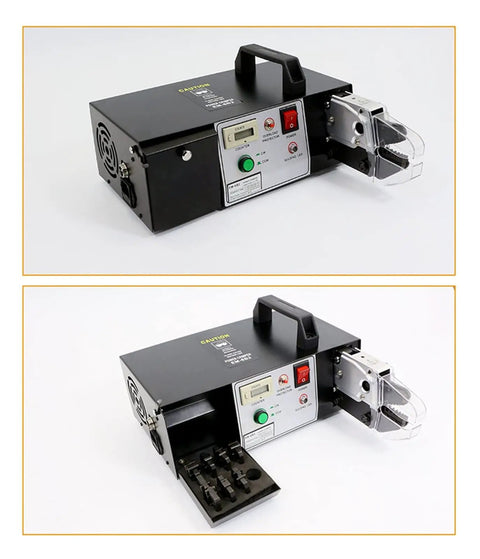 Heavy Duty Pneumatic Terminal Crimping Machine Em 6B2 Electric Wire Connector Tool showing front, handle, and 9 replaceable dies compartment.