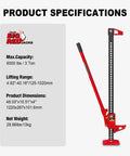 Beefy 48 Inch Ratcheting Off Road Utility Farm Jack, 3 Ton Capacity, red finish, with specifications on display.