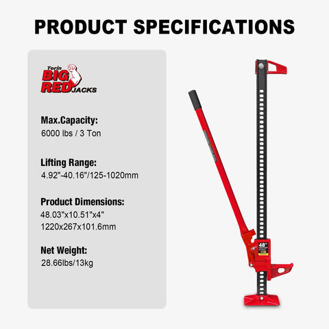Beefy 48 Inch Ratcheting Off Road Utility Farm Jack, 3 Ton Capacity, red finish, with specifications on display.