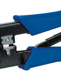 Pro Grade RJ Cable Crimping Tool For 8P And 6P Modular Plugs With Built In Cutter And Stripper, blue handles, steel construction