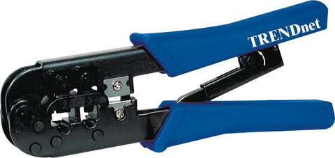 Pro Grade RJ Cable Crimping Tool For 8P And 6P Modular Plugs With Built In Cutter And Stripper, blue handles, steel construction