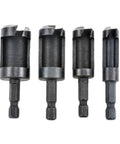 Tough As Nails Wood Plug Cutter Drill Bit Set Featuring Four Slick Cutting Heads and One Quarter Inch Hex Shank for fast clean dowel holes.