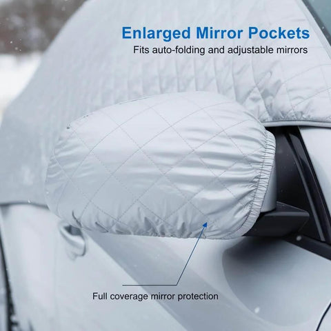 Magnetic Car Snow Cover For Windshield Shield Ice And Snow Auto Protector with mirror pocket detail on SUV.