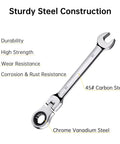 Flexible Ratchet Wrench Set 12 Piece 8 To 19mm Wrenches With Flex Head Gear, showing chrome vanadium steel and carbon steel construction.