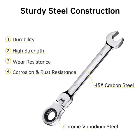 Flexible Ratchet Wrench Set 12 Piece 8 To 19mm Wrenches With Flex Head Gear, showing chrome vanadium steel and carbon steel construction.