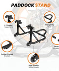 Beefed Up Heavy Duty Paddock Motorcycle Stand For Rear Wheel Lift With Fork And Swingarm Spool, 529 Lb Capacity, Black Steel