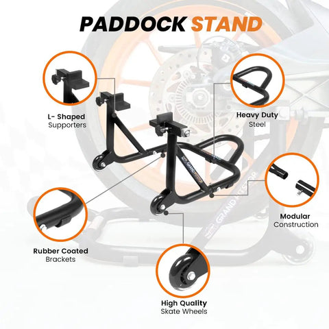 Beefed Up Heavy Duty Paddock Motorcycle Stand For Rear Wheel Lift With Fork And Swingarm Spool, 529 Lb Capacity, Black Steel