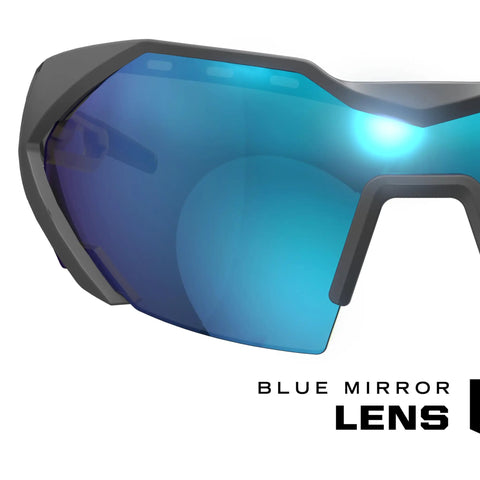 Vision Type E Safety Glasses With Anti Fog, Scratch Resistant Lenses, Blue Mirror Lens, close-up view of lens and frame design
