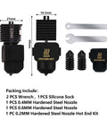 Dope Hotend Kit For A1 Mini 3D Printer Upgrade with three hardened steel nozzles 0.2mm 0.4mm 0.6mm, silicone sock, and wrenches included.