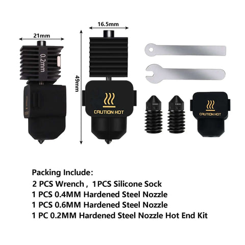 Dope Hotend Kit For A1 Mini 3D Printer Upgrade with three hardened steel nozzles 0.2mm 0.4mm 0.6mm, silicone sock, and wrenches included.