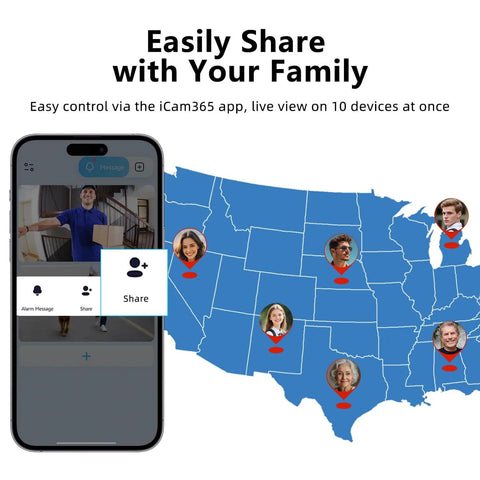 Map showing live view sharing via iCam365 app, supporting Wireless Video Doorbell With Chime And HD Camera, Long Battery Life.