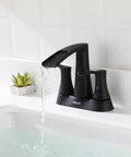 Two-Handle Waterfall Bathroom Faucet In Matte Black With Pop-Up Drain And Metal Supply Lines For Quick Install And Sleek Open-Channel Spout Vibe For A Modern Bath Upgrade, water flowing into sink