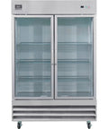 Heavy Duty Commercial Reach In Freezer With Dual Glass Doors And Rock Solid Stainless Build For Top Shelf Cold Storage And Easy Setup At Forty Seven Cubic Feet Capacity, front view with stainless exterior and glass doors.
