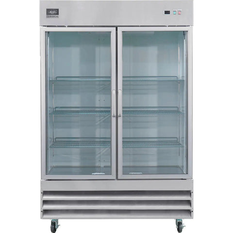 Heavy Duty Commercial Reach In Freezer With Dual Glass Doors And Rock Solid Stainless Build For Top Shelf Cold Storage And Easy Setup At Forty Seven Cubic Feet Capacity, front view with stainless exterior and glass doors.