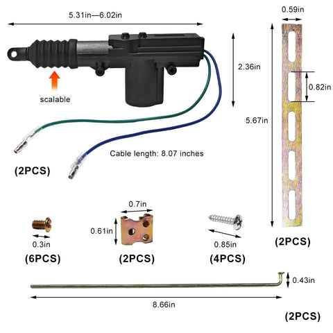 2 Pack Car Power Door Lock Actuators 12V 2 Wire Central Locking System Kit With Tool Set showing dimensions and components