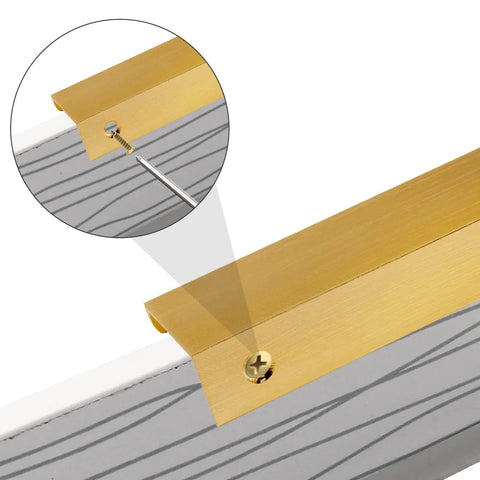 Close-up of brushed gold aluminum edge pull being installed on a drawer with a screw from 10 Pack Finger Edge Pull Handles 80mm Brushed Gold Aluminum Edge Pulls Right Angle Cabinet Hardware For Kitchen Doors And Drawers Two And A Half Inch Hole Spacing Budget-Friendly Includes Screws And Mini Screwdriver