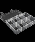 Clear eight-grid plastic storage box with detachable dividers and removable baffles for small parts and hardware tools.