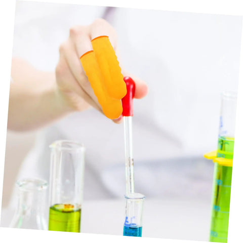 Person using 100 Pack Latex Protective Finger Sleeves for pipetting in a lab with colorful liquid measurements.