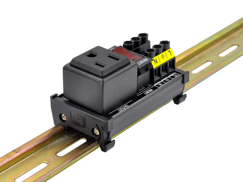 Rail Mount 120V NEMA 5-15R Single Outlet Power Strip Module With Rocker Switch And Resettable Thermal Circuit Breaker Overload Protection