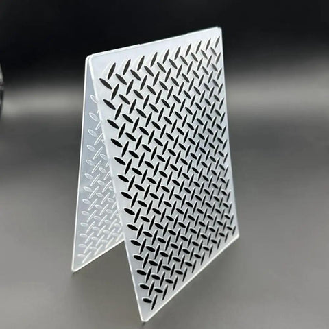 Flat Out Dope 3D Plastic Embossing Folder Template With Absolutely Stunning Industrial Wind Texture For A6 Card Making and Total Game Changer Diy Scrapbook Craft Projects, showing angled view with diamond pattern.