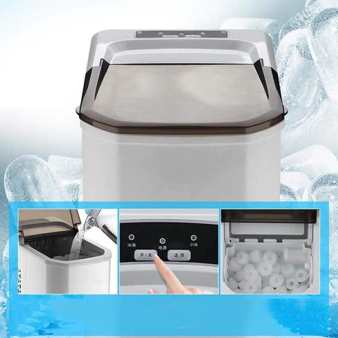 Compact Automatic Countertop Ice Maker showing ice storage compartment, control panel, and water fill area for efficient cooling.