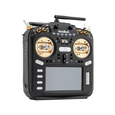 V16 Max ELRS 2.4GHz Multi Protocol 16CH FPV Transmitter with EdgeTX OpenTX, 4.3 inch touchscreen display, front view