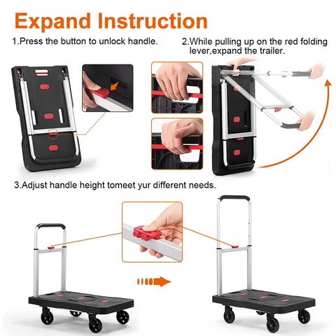 Instructions for Folding Hand Truck With Platform Design For 330 Lb Capacity Heavy Duty Dolly Cart Compact Foldable Utility Cart