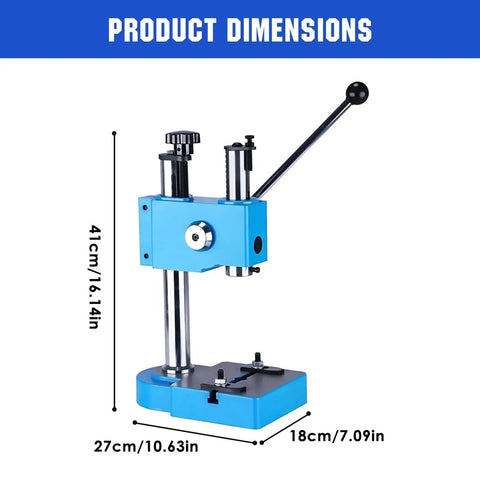 Built Tough As Nails Cast Iron Arbor Press With Dead Simple Auto Reset Spring Loaded Handle For Benchtop Shaft Punching Bending And Quick Stretching Projects dimensions side view showing height and base size.