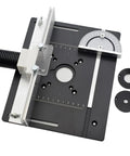Heavy Duty Aluminum Alloy Router Table Insert Plate Trio Featuring Dead On Precision Drilled Holes And Rock Solid Angle Backstop Fence For Sweet Shop Setups with ruler and angle gauge.