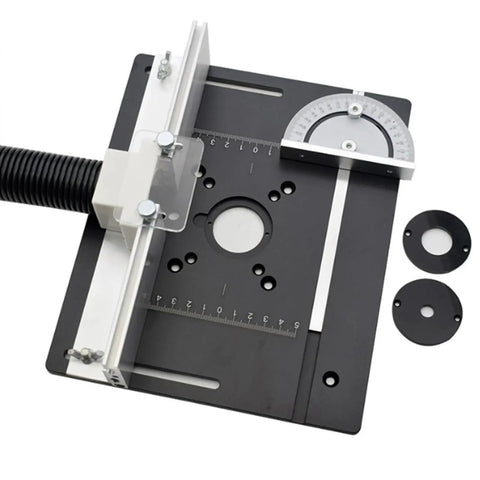 Heavy Duty Aluminum Alloy Router Table Insert Plate Trio Featuring Dead On Precision Drilled Holes And Rock Solid Angle Backstop Fence For Sweet Shop Setups with ruler and angle gauge.