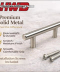 Premium solid metal cabinet pull with installation screws included, featuring a heavyweight and durable scratch-resistant finish.