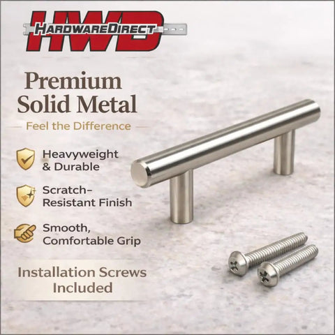 Premium solid metal cabinet handle with installation screws, highlighting heavyweight, durable, and scratch-resistant features.