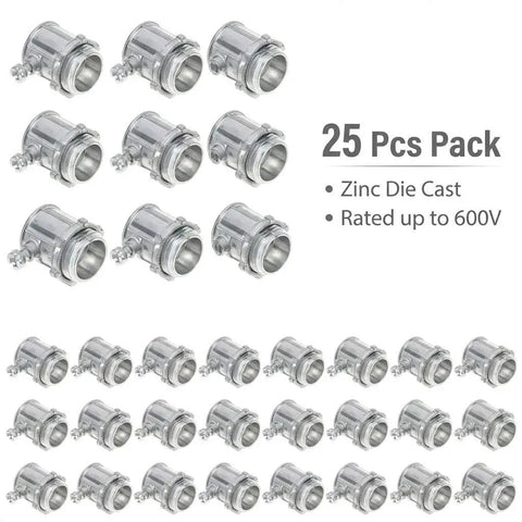 Heavy Duty 1/2 Inch Emt Set Screw Connectors Zinc Die Cast Electrical Conduit Fittings 25 Pack, shown in grouped layout.
