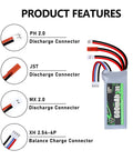 Beefy 11.1V 600mAh 3S LiPo Battery connectors illustration with PH2.0, JST, MX2.0, and XH2.54-4P connectors for RC model upgrades