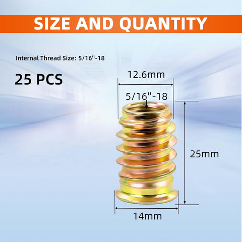 5/16-18 Threaded Inserts For Wood Nutserts For Furniture Screw-In Nut 25mm Length Hex Drive 25 Pieces Made From High-Quality Carbon Steel With Pro-Grade Zinc Plating Easy Install For DIY Woodworking And Furniture Repairs, showing dimensions and quantity.