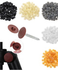 100 Pcs Screw Cap Covers Self Tapping Snap Caps for Flat Phillips Screws in various colors, including brown, installed on furniture.