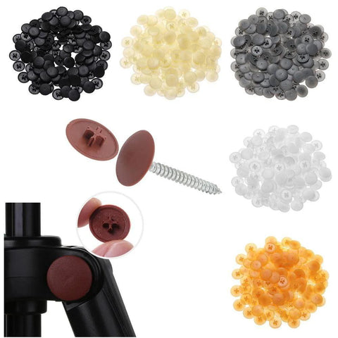100 Pcs Screw Cap Covers Self Tapping Snap Caps for Flat Phillips Screws in various colors, including brown, installed on furniture.