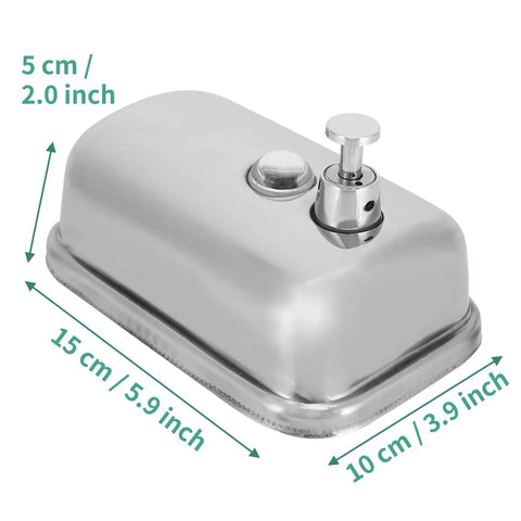 Heavy Duty Stainless Steel Wall Mount Soap Dispenser With Smooth Glide Manual Pump And Ergonomic One Touch Operation No Fuss Commercial Grade Setup For Bathroom Kitchen Solid Five Hundred Milliliter Storage Tank, side view with dimensions