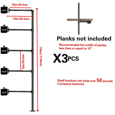 Industrial Style Pipe Shelf Brackets Set Dope Three Pcs Five Tier Wall And Ceiling Shelves Hardware 70 Inches Tall