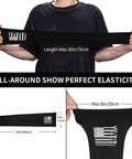 Straight Up Ice Silk Cooling Arm Sleeves With Classic American Flag shown stretching with detailed dimension labels.