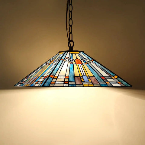 Two Light Tiffany Style Pendant Light Fixture 16 Inch Large Mission Vintage Stained Glass Hanging Lamp
