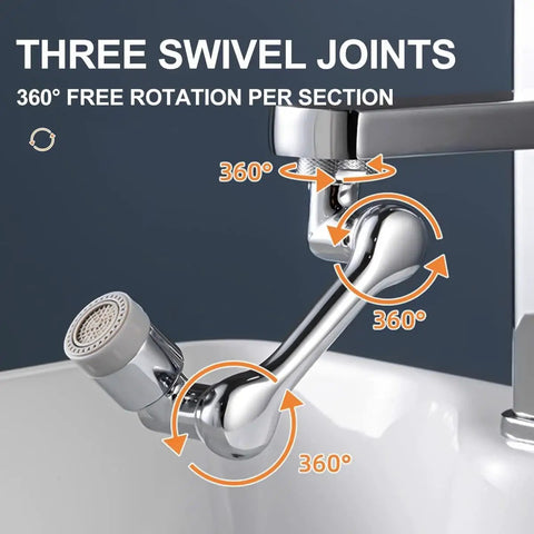 1080 Degree Rotating Faucet Aerator With Universal Splash Filter showing 360° swivel joints and big angle swivel extender installation.