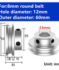 U Shaped Aluminum Alloy Pulley With Single Slot O Type Design, 8mm Bore, 12mm Shaft, 60mm Outer Diameter, Round PU Wheel, V Belt Or O Strap Compatible, Built Tough Heavy Duty Drive Pulley For Industrial Motors And Equipment dimensions diagram