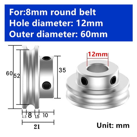U Shaped Aluminum Alloy Pulley With Single Slot O Type Design, 8mm Bore, 12mm Shaft, 60mm Outer Diameter, Round PU Wheel, V Belt Or O Strap Compatible, Built Tough Heavy Duty Drive Pulley For Industrial Motors And Equipment dimensions diagram